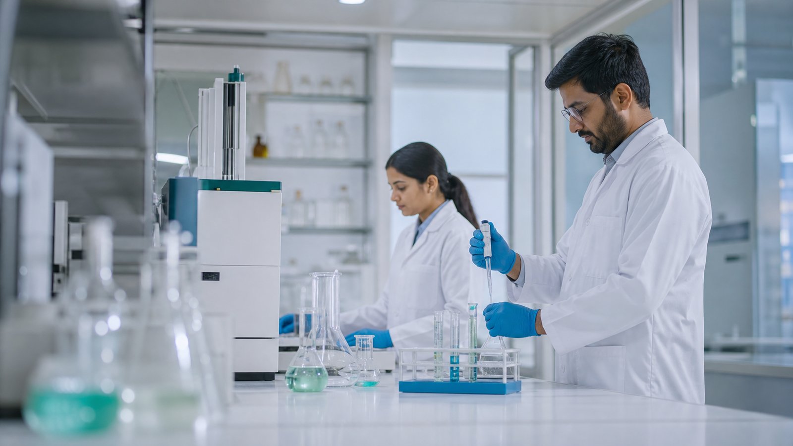 Scientists working in a pharmaceutical quality laboratory